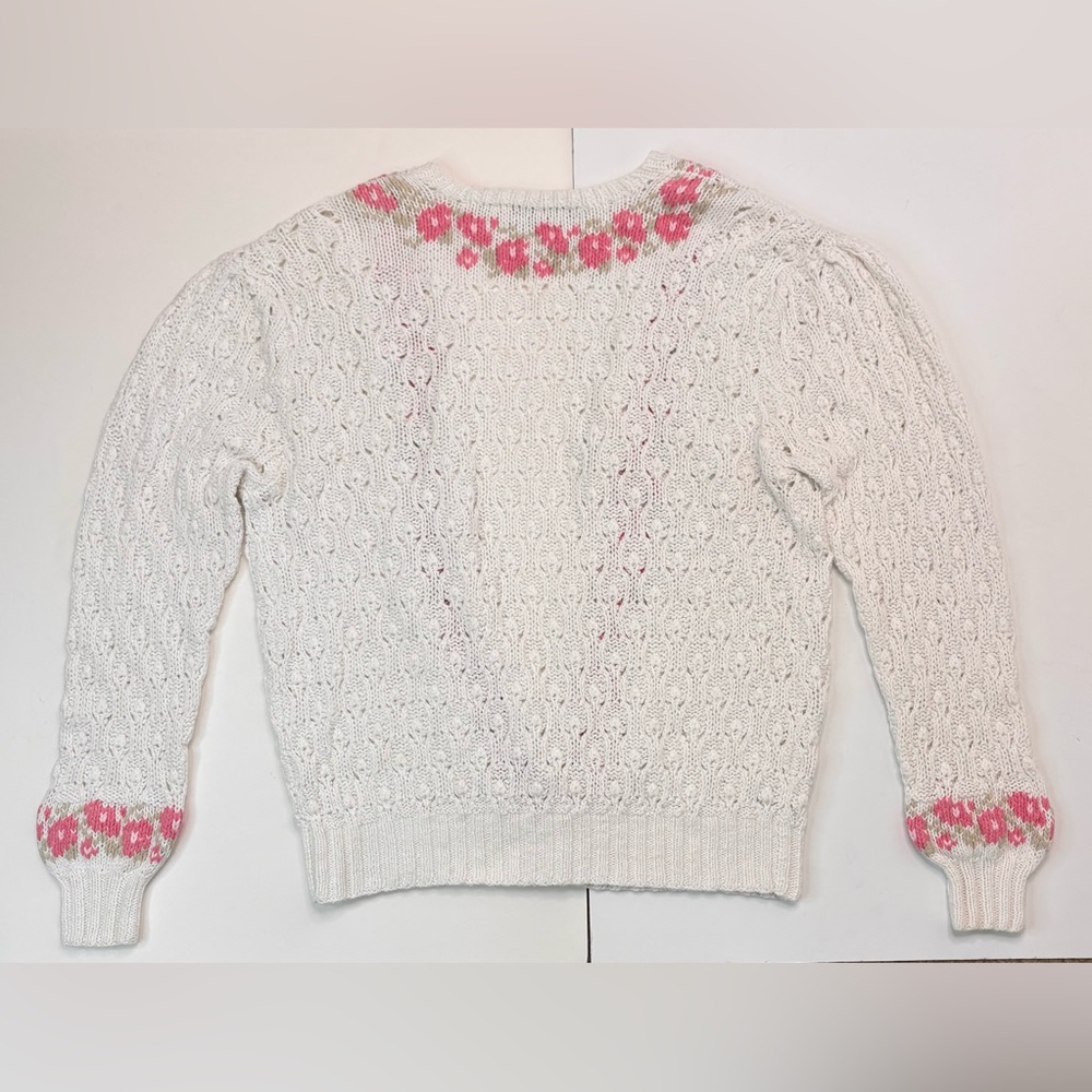 Vintage Cottage-core 80’s White Pink Floral Hand Knit Granny Cardigan Sweater - Picture 9 of 10